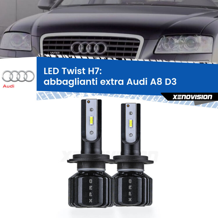 <strong>Kit abbaglianti extra LED</strong> H7 per <strong>Audi A8</strong> D3 2002 - 2005. Compatte, impermeabili, senza ventola: praticamente indistruttibili. Top Quality.