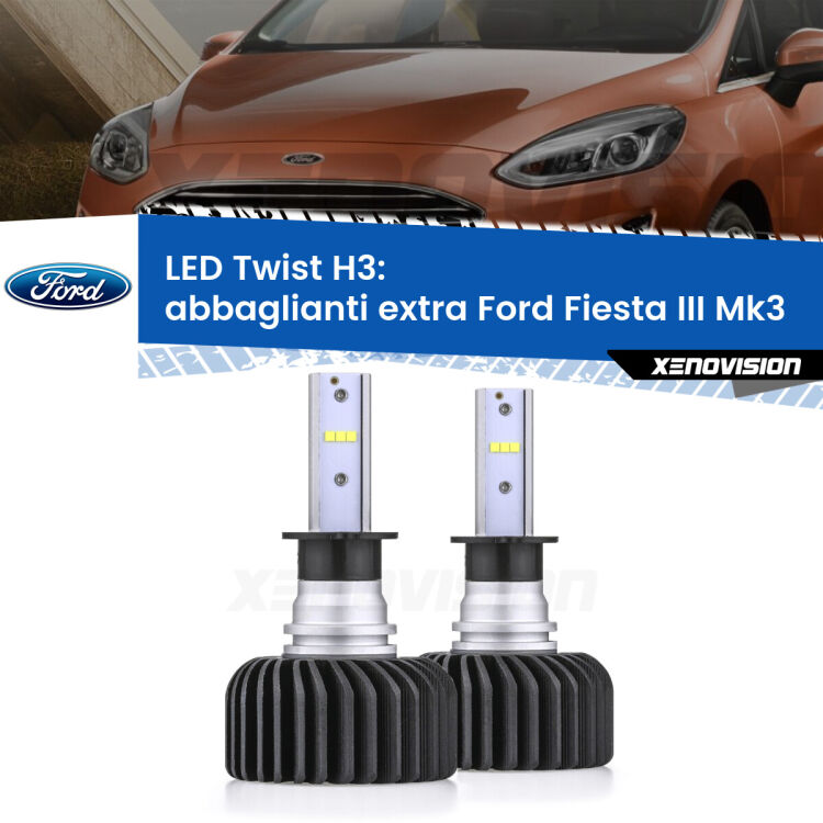 <strong>Kit abbaglianti extra LED</strong> H3 per <strong>Ford Fiesta III</strong> Mk3 1989 - 1995. Compatte, impermeabili, senza ventola: praticamente indistruttibili. Top Quality.