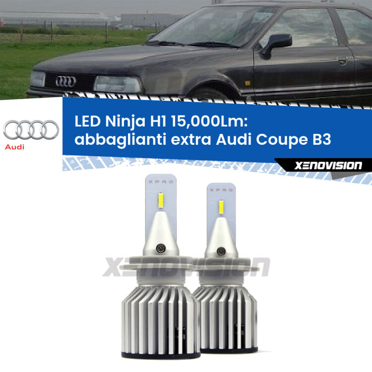 <strong>Kit abbaglianti extra LED specifico per Audi Coupe</strong> B3 1988 - 1996. Lampade <strong>H1</strong> Canbus da 15.000Lumen di luminosità modello Ninja Xenovision.