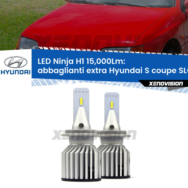 <strong>Kit abbaglianti extra LED specifico per Hyundai S coupe</strong> SLC 1990 - 1996. Lampade <strong>H1</strong> Canbus da 15.000Lumen di luminosità modello Ninja Xenovision.