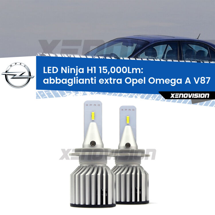<strong>Kit abbaglianti extra LED specifico per Opel Omega A</strong> V87 1986 - 1994. Lampade <strong>H1</strong> Canbus da 15.000Lumen di luminosità modello Ninja Xenovision.