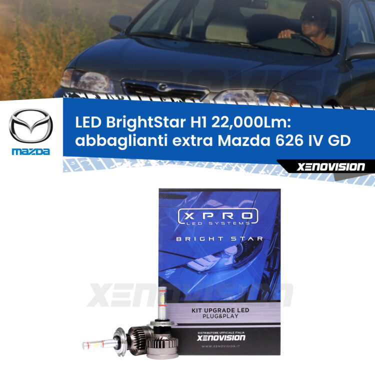 <strong>Kit LED abbaglianti extra per Mazda 626 IV</strong> GD 1987 - 1992. </strong>Due lampade Canbus H1 Brightstar da 22,000 Lumen. Qualità Massima.