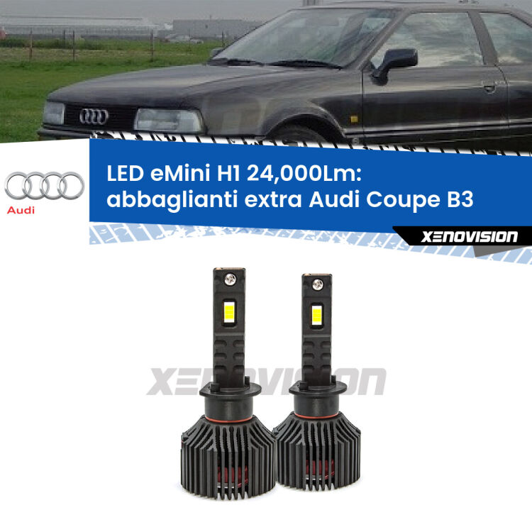 <strong>Kit abbaglianti extra LED specifico per Audi Coupe</strong> B3 1988 - 1996. Lampade <strong>H1</strong> Canbus e compatte 24.000Lumen Eagle Mini Xenovision.