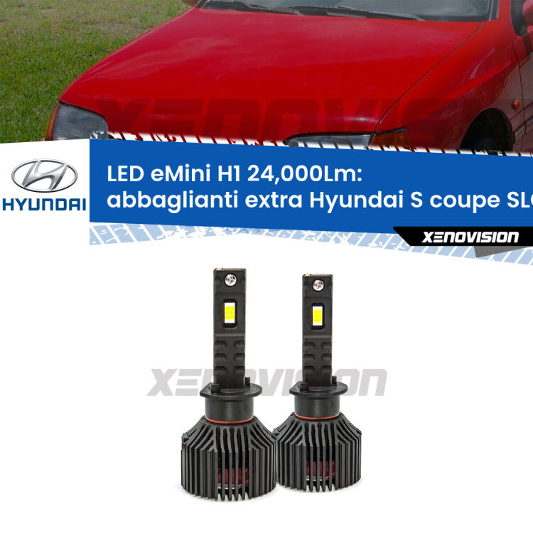 <strong>Kit abbaglianti extra LED specifico per Hyundai S coupe</strong> SLC 1990 - 1996. Lampade <strong>H1</strong> Canbus e compatte 24.000Lumen Eagle Mini Xenovision.