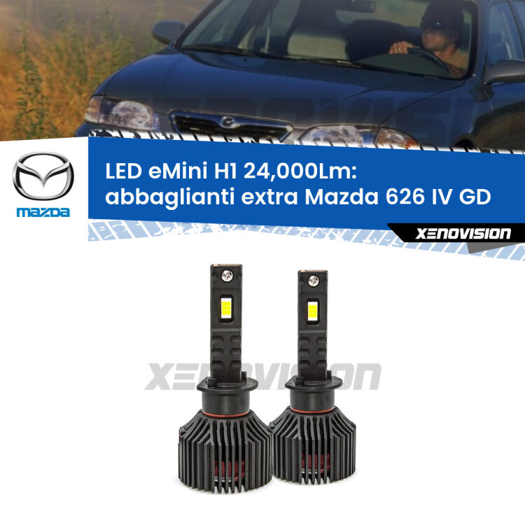 <strong>Kit abbaglianti extra LED specifico per Mazda 626 IV</strong> GD 1987 - 1992. Lampade <strong>H1</strong> Canbus e compatte 24.000Lumen Eagle Mini Xenovision.
