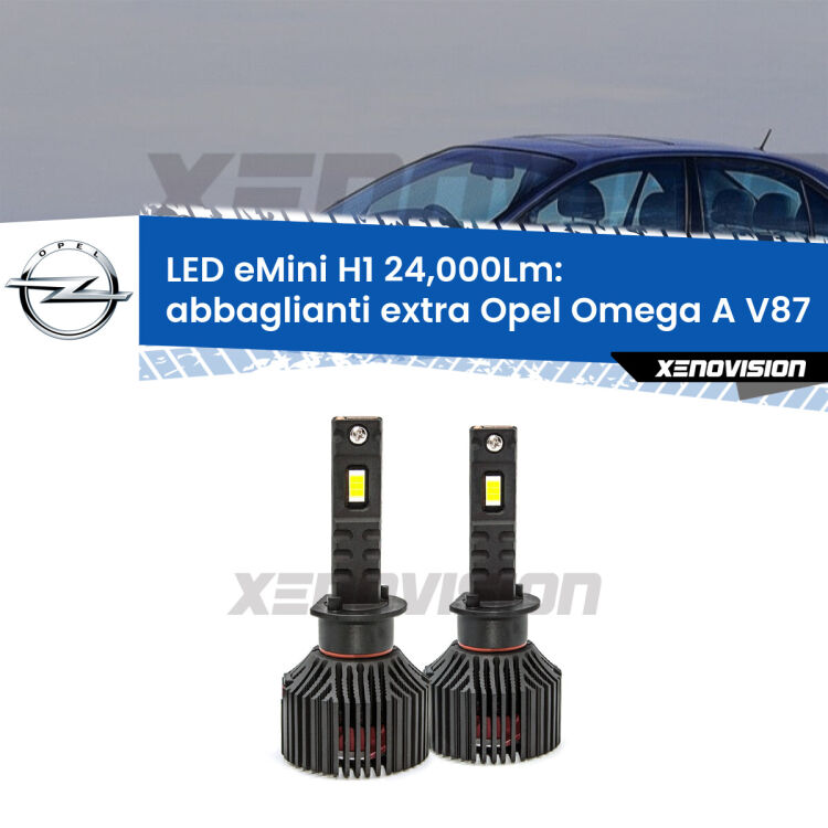 <strong>Kit abbaglianti extra LED specifico per Opel Omega A</strong> V87 1986 - 1994. Lampade <strong>H1</strong> Canbus e compatte 24.000Lumen Eagle Mini Xenovision.