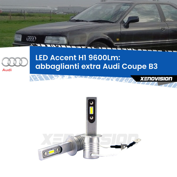 <strong>Kit LED Abbaglianti extra per Audi Coupe</strong> B3 1988 - 1996.</strong> Coppia lampade <strong>H1</strong> senza ventola e ultracompatte per installazioni in fari senza spazi.