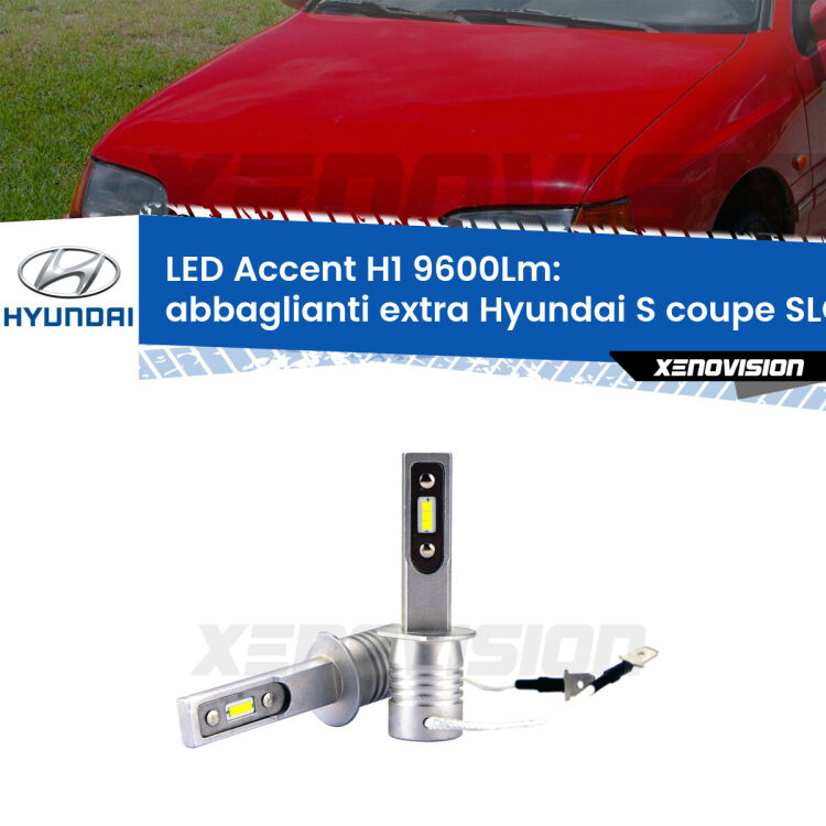 <strong>Kit LED Abbaglianti extra per Hyundai S coupe</strong> SLC 1990 - 1996.</strong> Coppia lampade <strong>H1</strong> senza ventola e ultracompatte per installazioni in fari senza spazi.