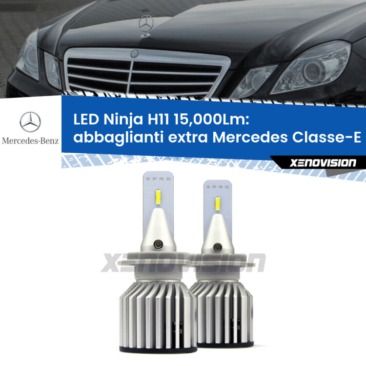 <strong>Kit abbaglianti extra LED specifico per Mercedes Classe-E</strong> W212 2009 - 2016. Lampade <strong>H11</strong> Canbus da 15.000Lumen di luminosità modello Ninja Xenovision.