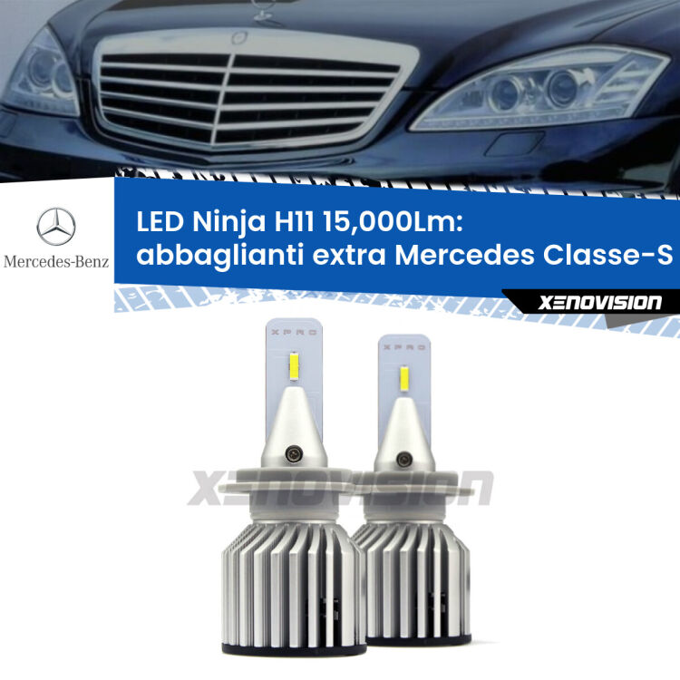<strong>Kit abbaglianti extra LED specifico per Mercedes Classe-S</strong> W221 2005 - 2013. Lampade <strong>H11</strong> Canbus da 15.000Lumen di luminosità modello Ninja Xenovision.