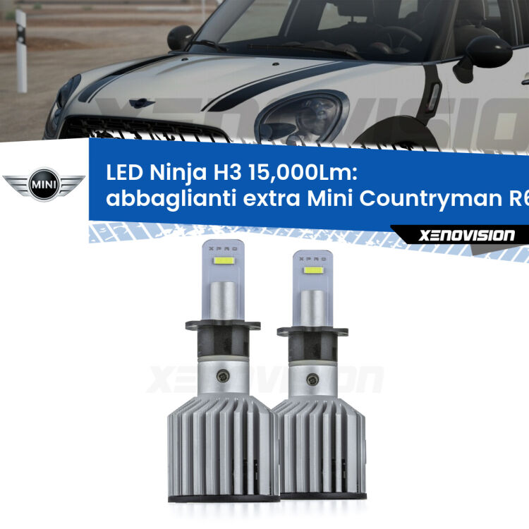 <strong>Kit abbaglianti extra LED specifico per Mini Countryman</strong> R60 2010 - 2016. Lampade <strong>H3</strong> Canbus da 15.000Lumen di luminosità modello Ninja Xenovision.