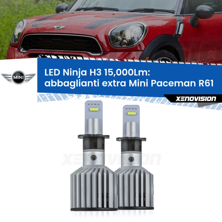<strong>Kit abbaglianti extra LED specifico per Mini Paceman</strong> R61 2012 - 2016. Lampade <strong>H3</strong> Canbus da 15.000Lumen di luminosità modello Ninja Xenovision.