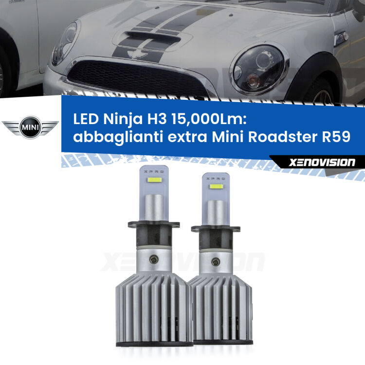 <strong>Kit abbaglianti extra LED specifico per Mini Roadster</strong> R59 2012 - 2015. Lampade <strong>H3</strong> Canbus da 15.000Lumen di luminosità modello Ninja Xenovision.