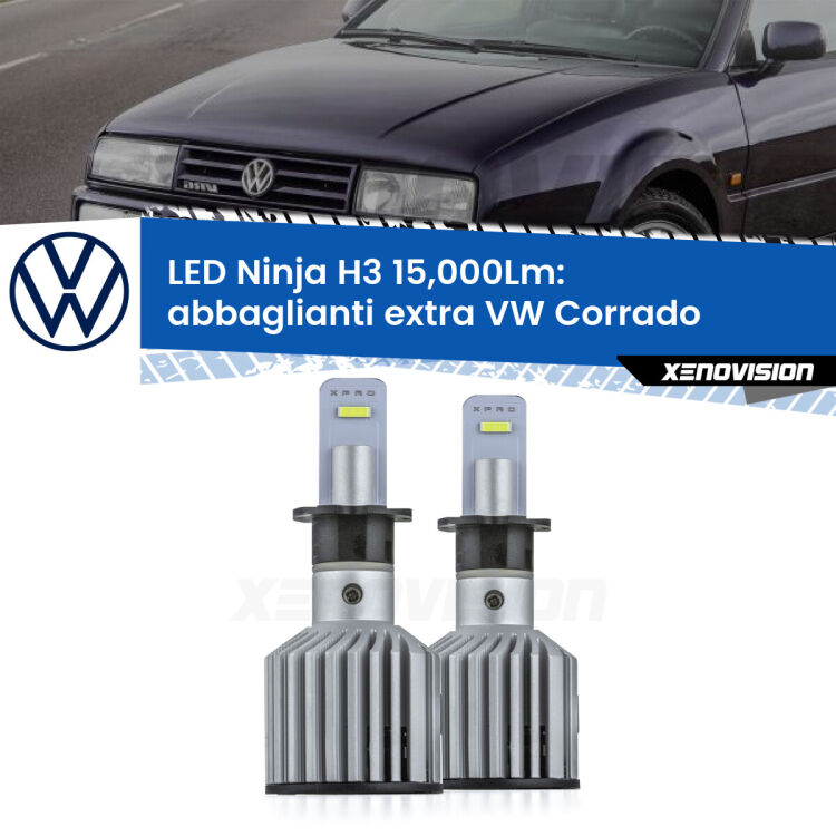 <strong>Kit abbaglianti extra LED specifico per VW Corrado</strong>  1988 - 1995. Lampade <strong>H3</strong> Canbus da 15.000Lumen di luminosità modello Ninja Xenovision.