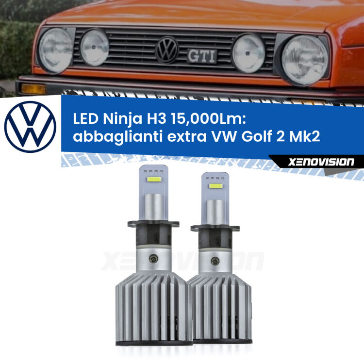 <strong>Kit abbaglianti extra LED specifico per VW Golf 2</strong> Mk2 1983 - 1990. Lampade <strong>H3</strong> Canbus da 15.000Lumen di luminosità modello Ninja Xenovision.