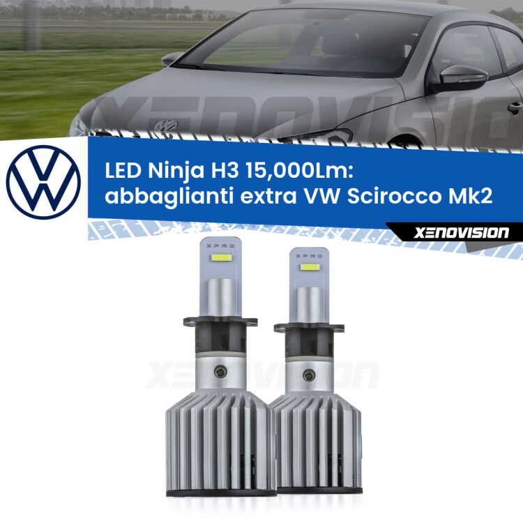 <strong>Kit abbaglianti extra LED specifico per VW Scirocco</strong> Mk2 1980 - 1992. Lampade <strong>H3</strong> Canbus da 15.000Lumen di luminosità modello Ninja Xenovision.