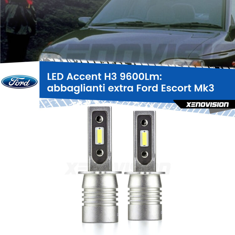 <strong>Kit LED Abbaglianti extra per Ford Escort</strong> Mk3 1985 - 1990.</strong> Coppia lampade <strong>H3</strong> senza ventola e ultracompatte per installazioni in fari senza spazi.