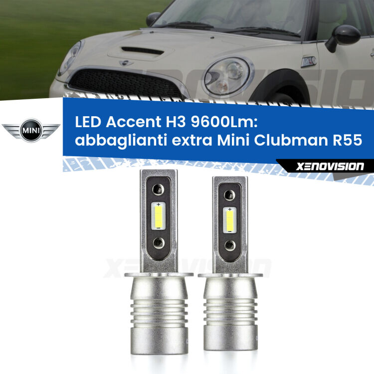 <strong>Kit LED Abbaglianti extra per Mini Clubman</strong> R55 2007 - 2015.</strong> Coppia lampade <strong>H3</strong> senza ventola e ultracompatte per installazioni in fari senza spazi.