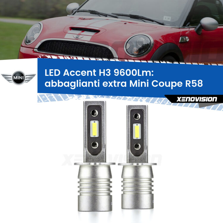 <strong>Kit LED Abbaglianti extra per Mini Coupe</strong> R58 2011 - 2015.</strong> Coppia lampade <strong>H3</strong> senza ventola e ultracompatte per installazioni in fari senza spazi.