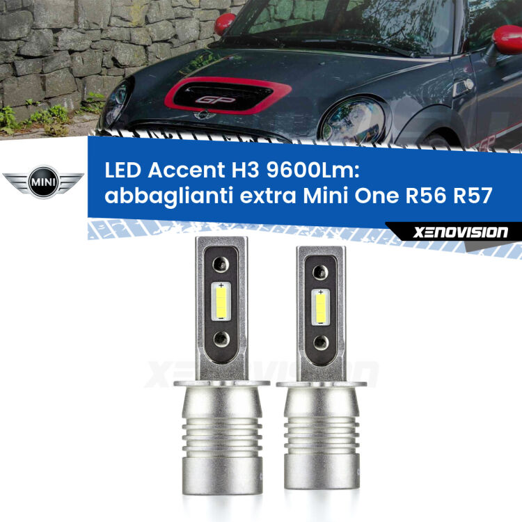<strong>Kit LED Abbaglianti extra per Mini One</strong> R56 R57 2006 - 2013.</strong> Coppia lampade <strong>H3</strong> senza ventola e ultracompatte per installazioni in fari senza spazi.