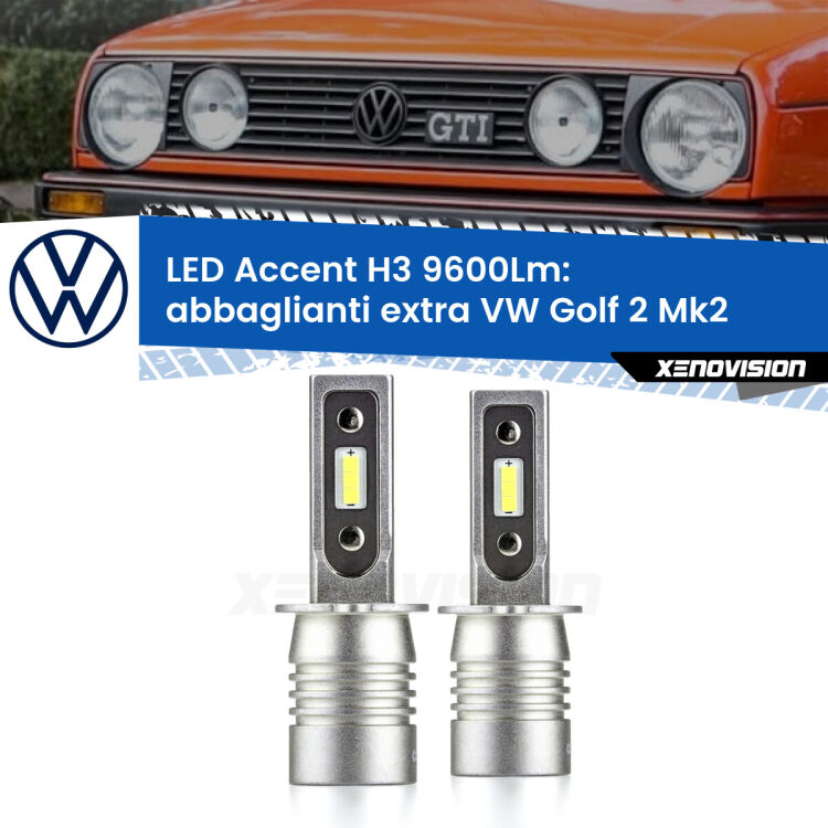 <strong>Kit LED Abbaglianti extra per VW Golf 2</strong> Mk2 1983 - 1990.</strong> Coppia lampade <strong>H3</strong> senza ventola e ultracompatte per installazioni in fari senza spazi.