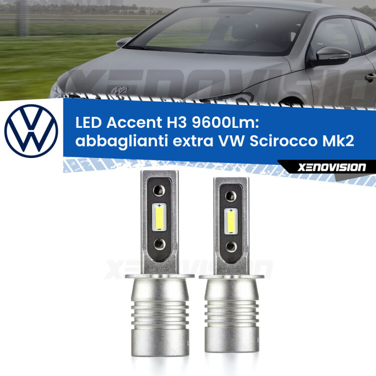 <strong>Kit LED Abbaglianti extra per VW Scirocco</strong> Mk2 1980 - 1992.</strong> Coppia lampade <strong>H3</strong> senza ventola e ultracompatte per installazioni in fari senza spazi.