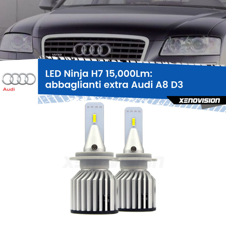 <strong>Kit abbaglianti extra LED specifico per Audi A8</strong> D3 2002 - 2005. Lampade <strong>H7</strong> Canbus da 15.000Lumen di luminosità modello Ninja Xenovision.
