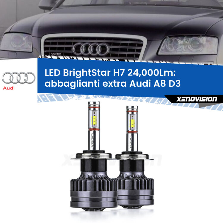 <strong>Kit LED abbaglianti extra per Audi A8</strong> D3 2002 - 2005. </strong>Include due lampade Canbus H7 Brightstar da 24,000 Lumen. Qualità Massima.