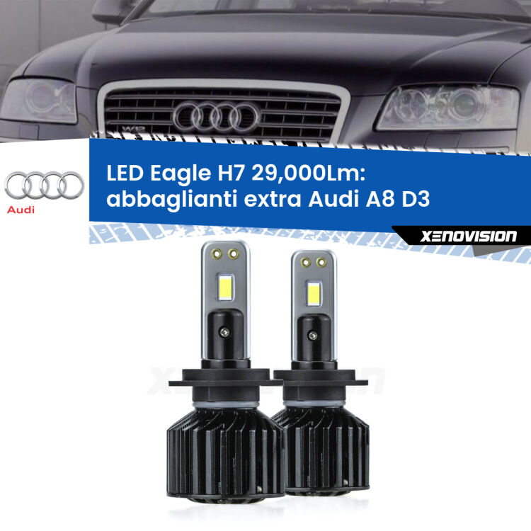 <strong>Kit abbaglianti extra LED specifico per Audi A8</strong> D3 2002 - 2005. Lampade <strong>H7</strong> Canbus da 29.000Lumen di luminosità modello Eagle Xenovision.