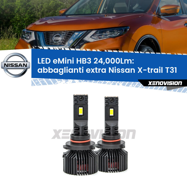 <strong>Kit abbaglianti extra LED specifico per Nissan X-trail</strong> T31 2007 - 2014. Lampade <strong>HB3</strong> compatte, Canbus da 24.000Lumen Eagle Mini Xenovision.