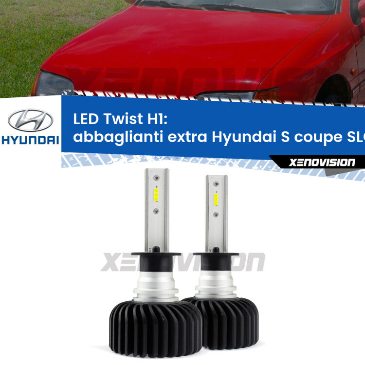 <strong>Kit abbaglianti extra LED</strong> H1 per <strong>Hyundai S coupe</strong> SLC 1990 - 1996. Compatte, impermeabili, senza ventola: praticamente indistruttibili. Top Quality.