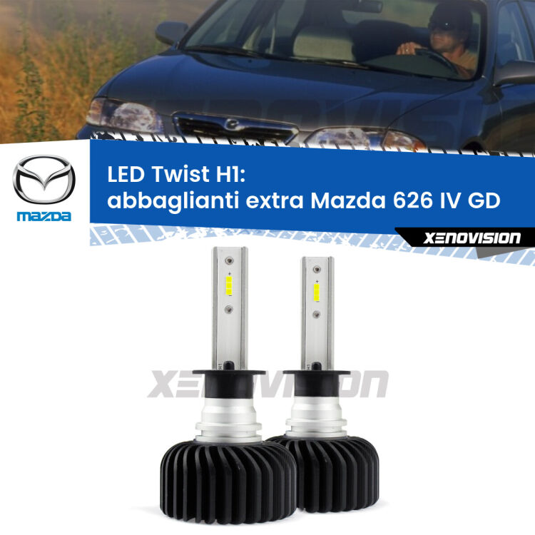 <strong>Kit abbaglianti extra LED</strong> H1 per <strong>Mazda 626 IV</strong> GD 1987 - 1992. Compatte, impermeabili, senza ventola: praticamente indistruttibili. Top Quality.