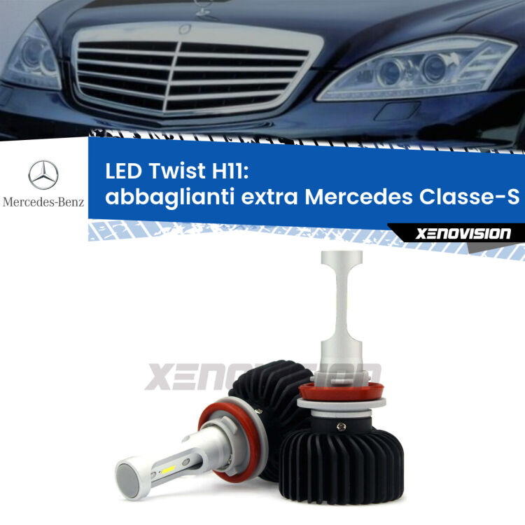 <strong>Kit abbaglianti extra LED</strong> H11 per <strong>Mercedes Classe-S</strong> W221 2005 - 2013. Compatte, impermeabili, senza ventola: praticamente indistruttibili. Top Quality.