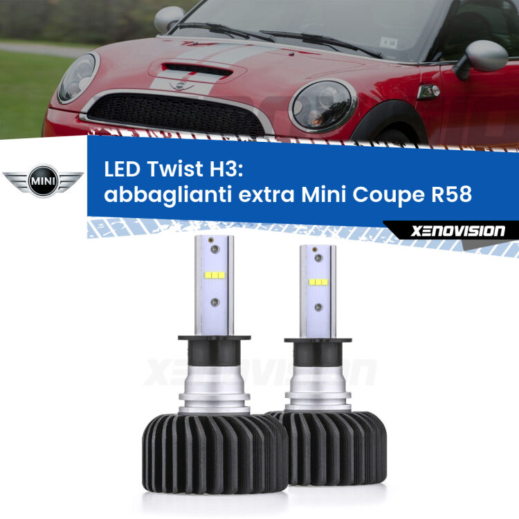 <strong>Kit abbaglianti extra LED</strong> H3 per <strong>Mini Coupe</strong> R58 2011 - 2015. Compatte, impermeabili, senza ventola: praticamente indistruttibili. Top Quality.