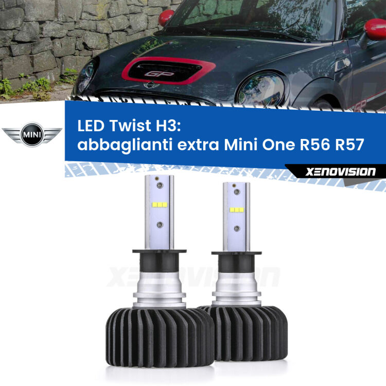 <strong>Kit abbaglianti extra LED</strong> H3 per <strong>Mini One</strong> R56 R57 2006 - 2013. Compatte, impermeabili, senza ventola: praticamente indistruttibili. Top Quality.