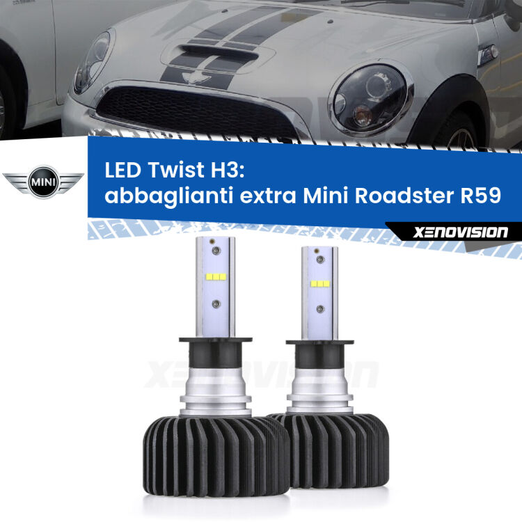 <strong>Kit abbaglianti extra LED</strong> H3 per <strong>Mini Roadster</strong> R59 2012 - 2015. Compatte, impermeabili, senza ventola: praticamente indistruttibili. Top Quality.