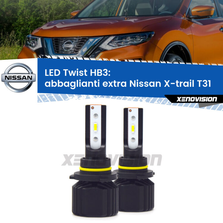 <strong>Kit abbaglianti extra LED</strong> HB3 per <strong>Nissan X-trail</strong> T31 2007 - 2014. Compatte, impermeabili, senza ventola: praticamente indistruttibili. Top Quality.