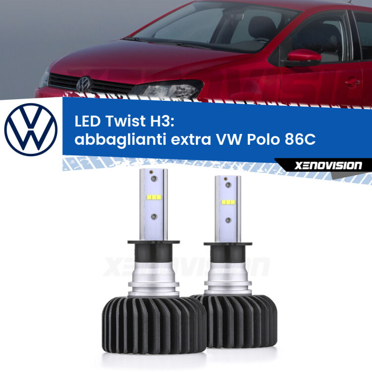 <strong>Kit abbaglianti extra LED</strong> H3 per <strong>VW Polo</strong> 86C 1981 - 1993. Compatte, impermeabili, senza ventola: praticamente indistruttibili. Top Quality.