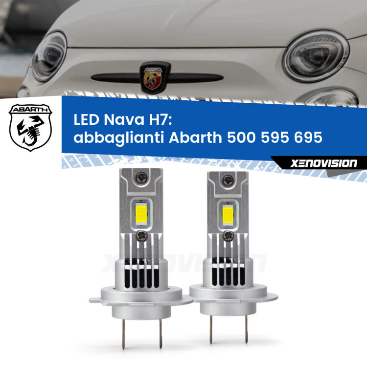 Abbaglianti LED Abarth 500 595 695  2015 -2022: H7 Nava <strong>Abbaglianti LED no-spie per Abarth 500 595 695</strong>  2015 -2022. Coppia lampade <strong>H7</strong> modello Nava canbus, raffreddate a ventola.