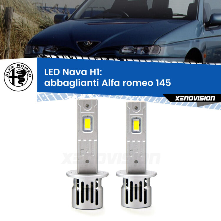 Abbaglianti LED Alfa romeo 145  1994 -2001: H1 Nava <strong>Abbaglianti LED no-spie per Alfa romeo 145</strong>  1994 -2001. Coppia lampade <strong> H1</strong> modello Nava canbus, raffreddate a ventola.