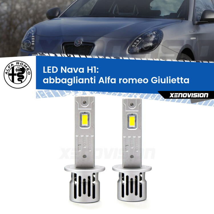 Abbaglianti LED Alfa romeo Giulietta  2010 in poi: H1 Nava <strong>Abbaglianti LED no-spie per Alfa romeo Giulietta</strong>  2010 in poi. Coppia lampade <strong> H1</strong> modello Nava canbus, raffreddate a ventola.
