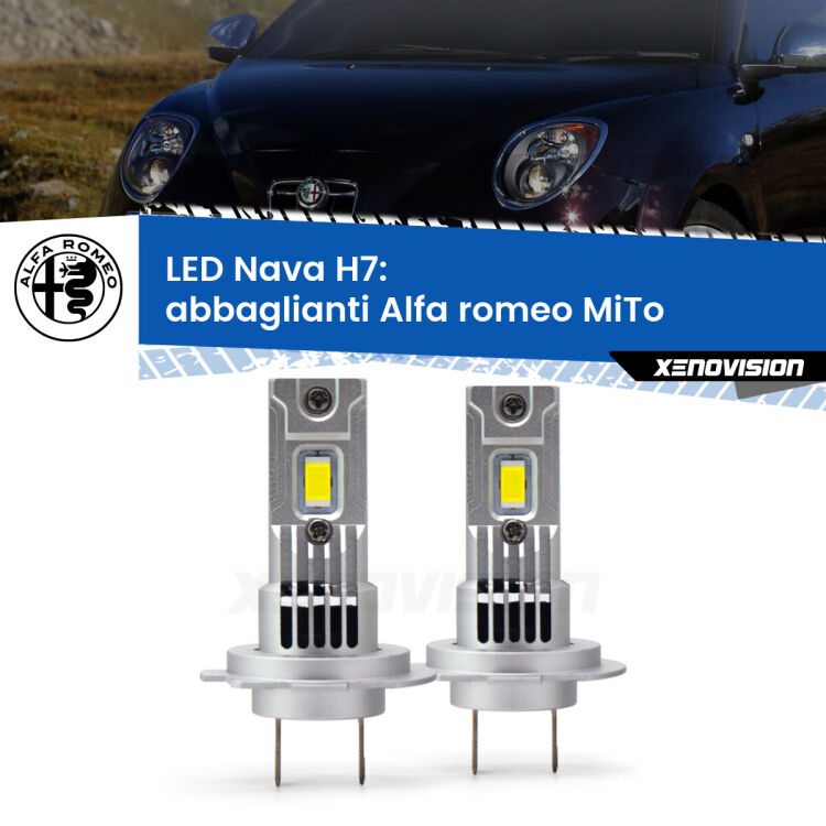 Abbaglianti LED Alfa romeo MiTo  2008 -2018: H7 Nava <strong>Abbaglianti LED no-spie per Alfa romeo MiTo</strong>  2008 -2018. Coppia lampade <strong>H7</strong> modello Nava canbus, raffreddate a ventola.
