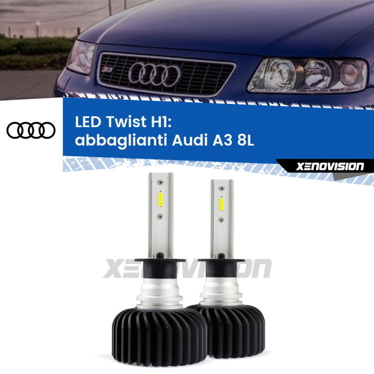 Abbaglianti LED Audi A3 8L 1996 -2000: H1 11,000Lm <strong>Kit abbaglianti LED</strong> H1 per <strong>Audi A3</strong> 8L 1996 -2000. Compatte, impermeabili, senza ventola: praticamente indistruttibili. Top Quality.