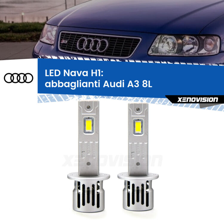 0 Abbaglianti LED Audi A3 8L 1996 -2000: H1 Nava <strong>Abbaglianti LED no-spie per Audi A3</strong> 8L 1996 -2000. Coppia lampade <strong> H1</strong> modello Nava canbus, raffreddate a ventola.
