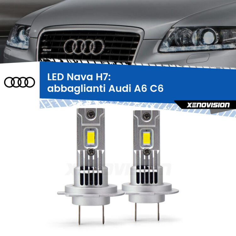 Abbaglianti LED Audi A6 C6 dal 2009, con fari Bi-Xenon: H7 Nava <strong>Abbaglianti LED no-spie per Audi A6</strong> C6 dal 2009, con fari Bi-Xenon. Coppia lampade <strong>H7</strong> modello Nava canbus, raffreddate a ventola.