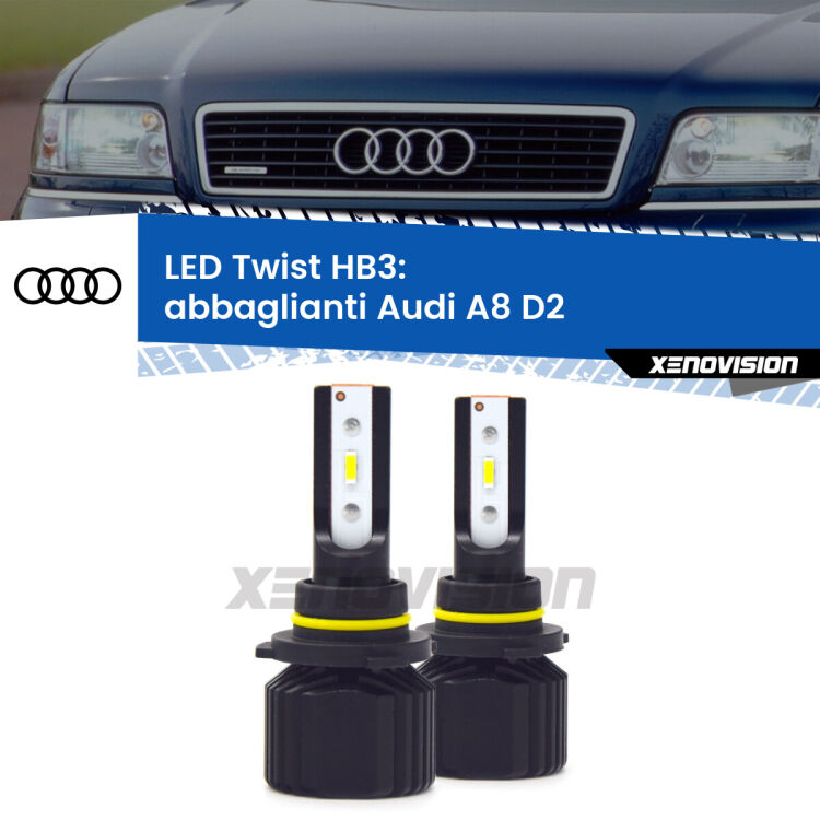 Abbaglianti LED Audi A8 D2 1994 -1998: HB3 11,000Lm <strong>Kit abbaglianti LED</strong> HB3 per <strong>Audi A8</strong> D2 1994 -1998. Compatte, impermeabili, senza ventola: praticamente indistruttibili. Top Quality.