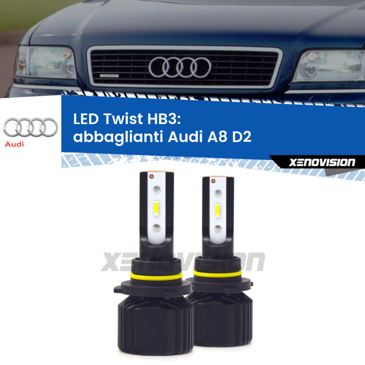 <strong>Kit abbaglianti LED</strong> HB3 per <strong>Audi A8</strong> D2 1994-1998. Compatte, impermeabili, senza ventola: praticamente indistruttibili. Top Quality.