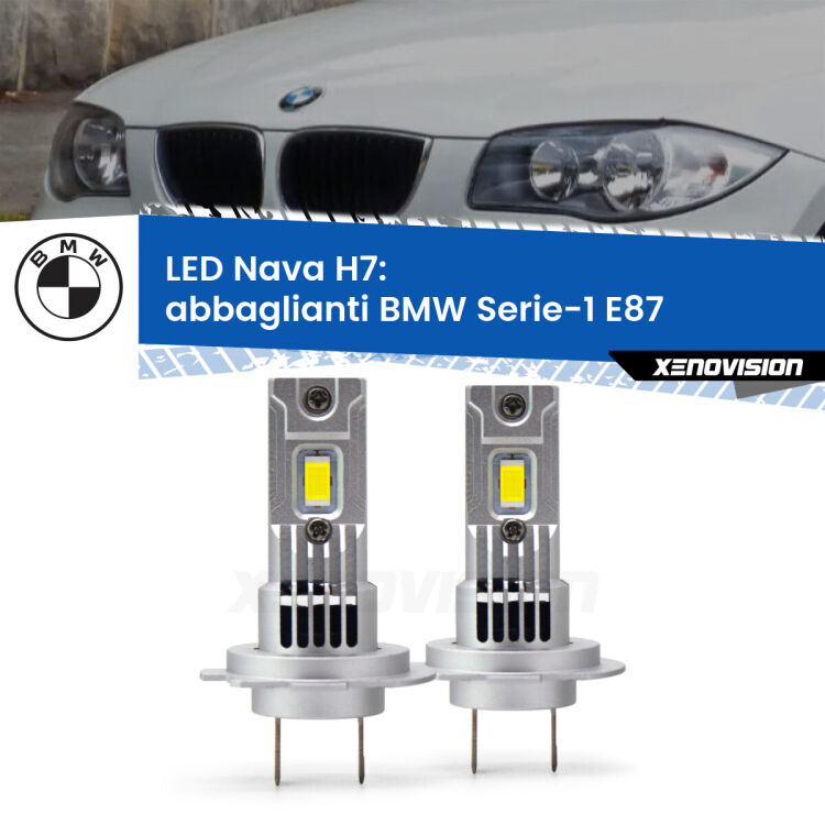 0 Abbaglianti LED BMW Serie-1 E87 2003 -2012: H7 Nava <strong>Abbaglianti LED no-spie per BMW Serie-1</strong> E87 2003 -2012. Coppia lampade <strong>H7</strong> modello Nava canbus, raffreddate a ventola.