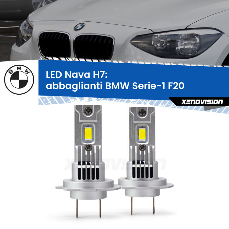 0 Abbaglianti LED BMW Serie-1 F20 2010 -2019: H7 Nava <strong>Abbaglianti LED no-spie per BMW Serie-1</strong> F20 2010 -2019. Coppia lampade <strong>H7</strong> modello Nava canbus, raffreddate a ventola.