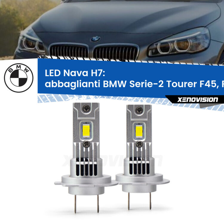0 Abbaglianti LED BMW Serie-2 Tourer F45, F46 2014 -2018: H7 Nava <strong>Abbaglianti LED no-spie per BMW Serie-2 Tourer</strong> F45, F46 2014 -2018. Coppia lampade <strong>H7</strong> modello Nava canbus, raffreddate a ventola.